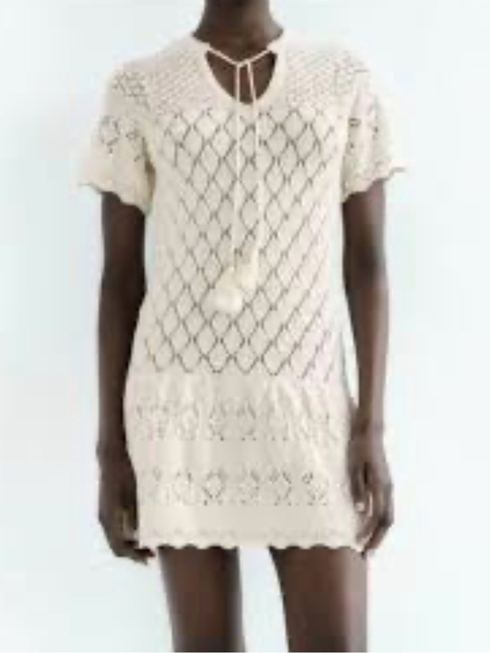 Zara open work pointelle knit dress
Cream Crochet Knit Short Sleeve Dress